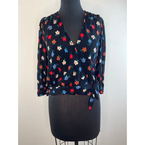 Madewell Black Wrap Top in Pressed Flowers 3/4 Sleeve Cropped Size S - Picture 3 of 10